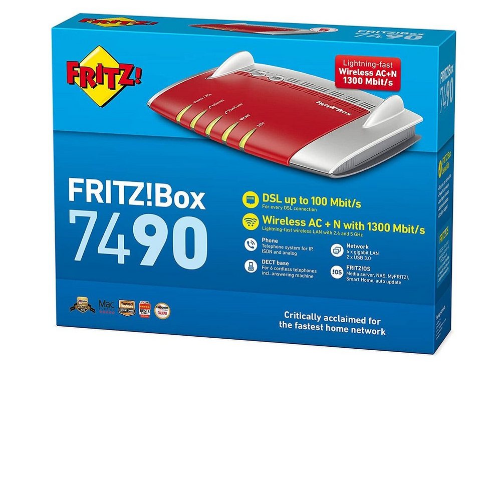 AVM FRITZ!Box 7490 WLAN Router mit integriertem DSL Modem WLAN-Router, ADSL, Dual-Band, Für Gaming, VPN-Funktionen von AVM