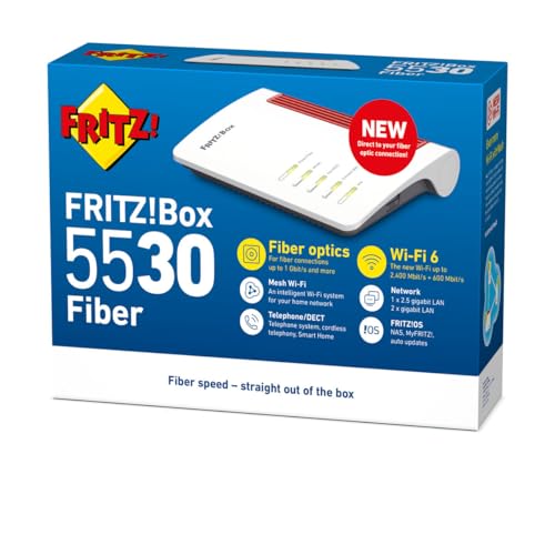 AVM Fritz!Box 5530 Fiber Edition International | Mesh Master | Wi-Fi 6 | 2400 Mbit/s (5 GHz) + 600 Mbit/s (2,4 GHz) | 2,5 Gigabit LAN | 4X gigabit-LAN | 2X USB 3.0 | AON + GPON von AVM