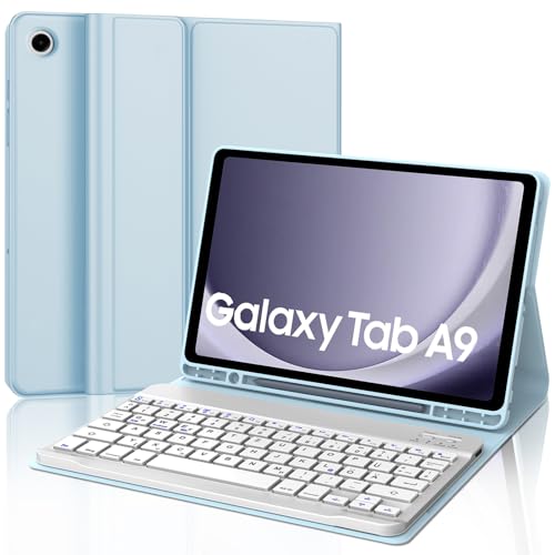 AVNICUD Tastatur Hülle für Samsung Galaxy Tab A9 - QWERTZ Deutsches Bluetooth Tastatur Abnehmbarer Magnetisch Schutzhülle mit Stifthalter für Samsung Tablet Tab A9 8.7'' 2023(SM-X110/SM-X115),Hellblau von AVNICUD