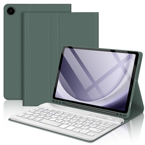 AVNICUD Tastatur Hülle für Samsung Galaxy Tab A9 - QWERTZ Deutsches Bluetooth Tastatur Abnehmbarer Magnetisch Schutzhülle mit Stifthalter für Tablet Tab A9 8.7'' 2023 (SM-X110/SM-X115), Dunkelgrün von AVNICUD