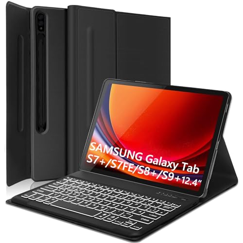 AVNICUD Tastatur Hülle für Samsung Galaxy Tab S9+/S8+/S7 FE/S7+12,4 Zoll - TPU Schutzhülle mit Stifthalter, Deutsch QWERTZ Bluetooth Magnetisch Tablette Keyboard Cover S9Plus/S8 Plus/S7 Plus/S7 FE von AVNICUD
