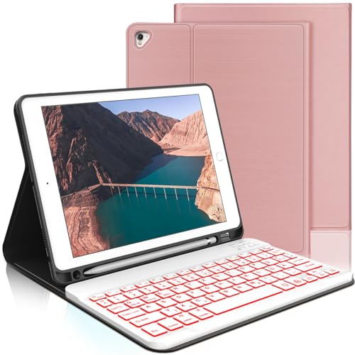 AVNICUD Tastatur Hülle für iPad 10.2 Zoll 9/8/7 Generation - Soft TPU Schutzhülle mit Stifthalter, 7-Farbige Beleuchtung Magnetisch Abnehmbarer Bluetooth Keyboard mit QWERTZ Layout, Roségold von AVNICUD