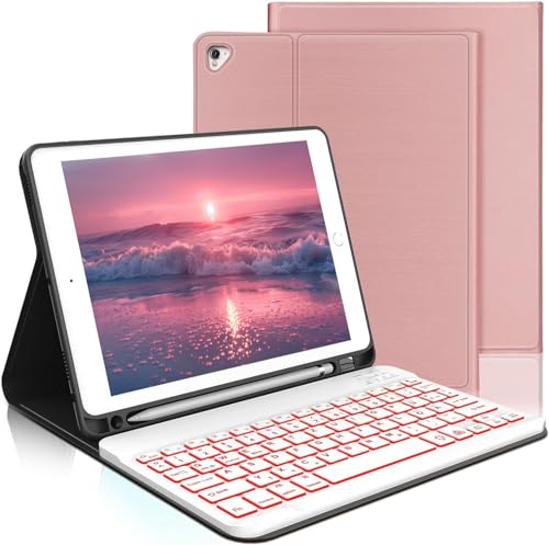 AVNICUD Tastatur Hülle für iPad 6.Generation - 7 Backlights QWERTZ Deutsch Bluetooth Tastatur Magnetisch Schutzhülle mit Stifthalter für iPad 6./5.Generation, iPad Pro 9.7, iPad Air 2 & 1, Roségold von AVNICUD