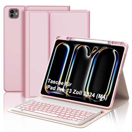 AVNICUD Tastatur für iPad Pro 13 Zoll M4 2024 Beleuchtete Tastatur Magnetisch Abnehmbarer Schutzhülle mit Bleistifthalter QWERTZ Layout, A2925 A2926 A3007, Rosa von AVNICUD