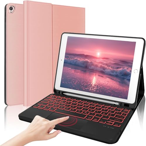 AVNICUD Tastatur Hülle mit Touchpad für iPad 10.2 Zoll 9/8/7 Generation - TPU Schutzhülle mit Stifthalter, 7-Farbige Beleuchtung Magnetisch Abnehmbarer Bluetooth Keyboard mit QWERTZ Layout, Roségold von AVNICUD