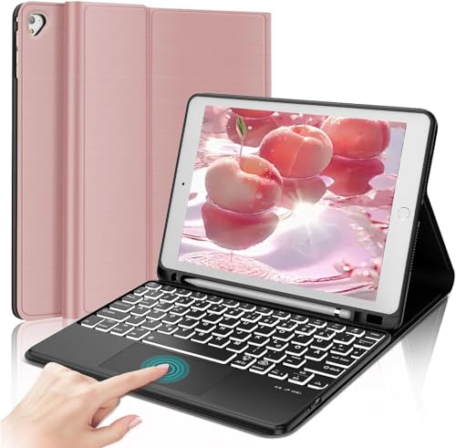 AVNICUD Tastatur Hülle mit Touchpad für iPad 6.Generation - Backlight QWERTZ Deutsch Bluetooth Tastatur Magnetisch Schutzhülle mit Stifthalter für iPad 6./5.Gen, iPad Pro 9.7, iPad Air 2 & 1, Roségold von AVNICUD