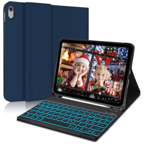 AVNICUD Tastaturgehäuse für iPad 10. Generation 2022 (10,9 Zoll) - A2696/ A2757/ A2777 Modelle, abnehmbare QWERTY Bluetooth-Tastatur mit Hintergrundbeleuchtung, Stifthalter, TPU-Rückseite, blau von AVNICUD