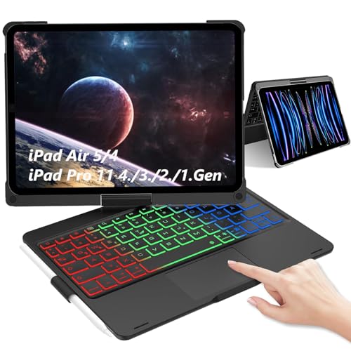 AVNICUD iPad Air 5 Hülle Tastatur mit Touchpad - 360° Drehbare Beleuchtete Bluetooth Tastatur [QWERTZ Deutsch] Cover für iPad Pro 11 1/2/3/4 Generation & 10,9 Zoll Air5/Air4, Schwarz von AVNICUD