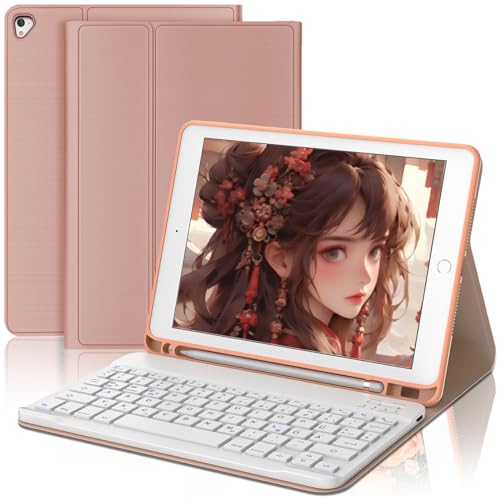 AVNICUDiPad 9,7-Zoll-Tastaturhülle - für iPad 6. Generation (2018 Edition), iPad 5. Generation, iPad Pro 9,7, iPad Air 2 und 1, QWERTY Devon Abnehmbare Bluetooth-Tastatur mit Steckplatz, rosa Farbe von AVNICUD