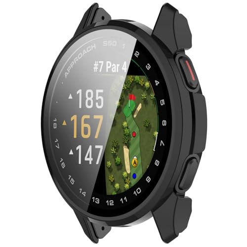 AWADUO Kompatibel mit Garmin Approach S50 Smartwatch Full Coverage PC Schutzhülle mit Tempered Glass Touchable Screen Protector Smartwatch Zubehör (Schwarz) von AWADUO