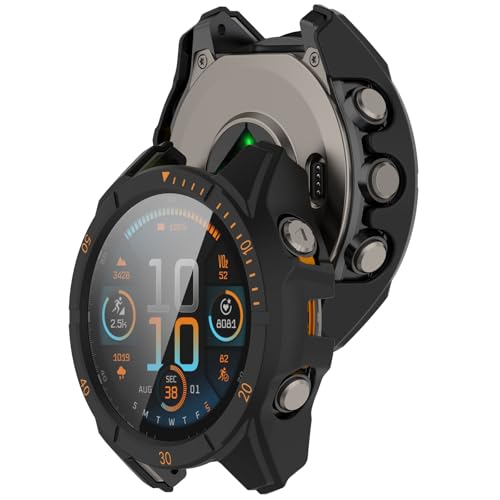 AWADUO Kompatibel mit Garmin Tactix8 AMOLED 51mm Smartwatch Full Coverage PC Schutzhülle mit Tempered Glass Touchable Screen Protector Smartwatch Zubehör (Schwarz+Orange) von AWADUO