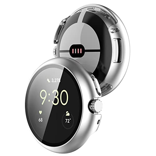 AWADUO Smartwatch PC-Schutzhülle mit vollständiger Abdeckung und Displayschutzfolie aus gehärtetem Glas Kompatibel mit Google Pixel Watch, weich und strapazierfähig (silbrig) von AWADUO