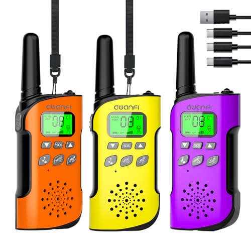 AWANFI Walkie Talkie Kinder 3er Set, Walkie Talkie Aufladbar mit Li-ion Akku, Funkgerät Set, 2-Wege-Radio mit VOX, Taschenlampe, Walky Talky Camping/Abenteuer, Geschenk für Kinder de 3-12 Jahre von AWANFI