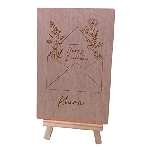 AWASG Personalisierte Grußkarte aus Holz | Geschenkkarte Glückwunsch-Karte Geburtstags-karte mit floralem Blumenmotiv und Name | Holzkarte Geschenk-Idee von AWASG