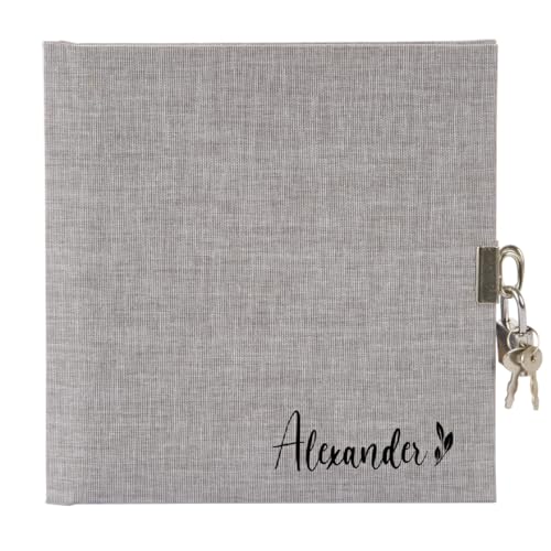 AWASG Tagebuch Blume - Personalisiert mit Name - Journal Gedanken - 96 Blanko Seiten mit Schlüssel und Schloss (grau) von AWASG