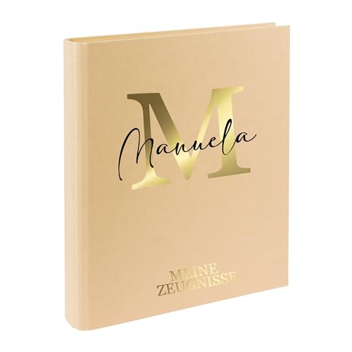 AWASG Zeugnismappe Kinder mit Namen personalisiert | Dokumentenmappe Buchstabe Initiale für Mädchen Jungen | Zeugnisordner Leinen zum Einsortieren von Urkunden (Creme) von AWASG
