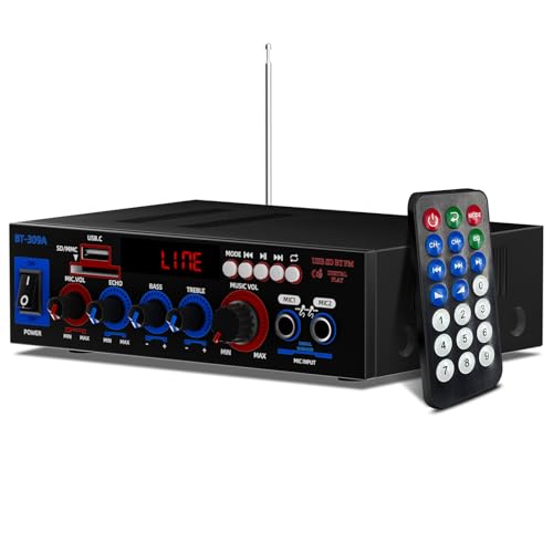 Mini Bluetooth 5.0 Verstärker, Spitzenleistung 800W Amplifier HiFi Stereo mit Mixer Wireless Endstufe 2.1-Kanal 30W+30W mit USB/SD-Karte/Mikrofoneingang/FM, für Zuhause oder Auto von AWKAQUN