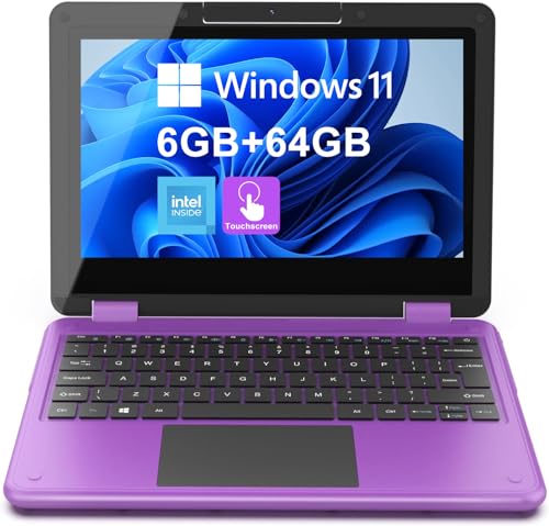 AWOW Touchscreen Laptop, 2 in 1 11,6 Zoll FHD Intel 4 Core Celeron N4120 Prozessor Windows 11 Home 6GB RAM 64GB M.2 SSD Speicher Kinder Convertible Laptop (lila) von AWOW