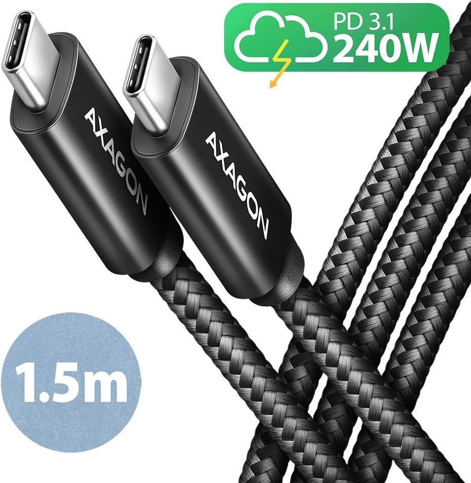 AXAGON BUCM2-CM15AB Ladekabel USB-C zu USB-C 2.0, 1,5 m, PD 240 W 5 A, ALU - Schwarz (BUCM2-CM15AB) von AXAGON