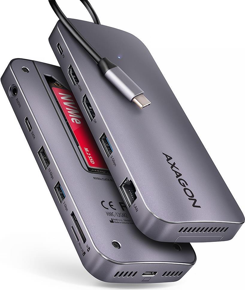 AXAGON HMC-12GM2 Multiport-Hub, USB-C 3.1, M.2-NVMe/SATA, DP + HDMI, Gbit-LAN, 3x USB-A, 1x USB-C, CR (HMC-12GM2) von AXAGON