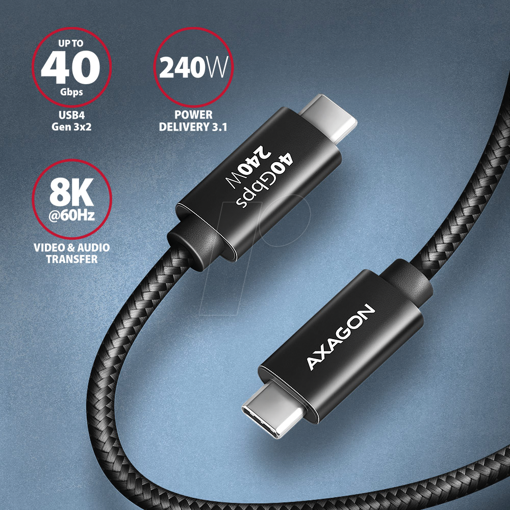 AXG BUCM4XCM10AB - USB 4.0 Kabel, 40 Gbit/s, 240 W, 8K 60Hz, 1,0 m von AXAGON