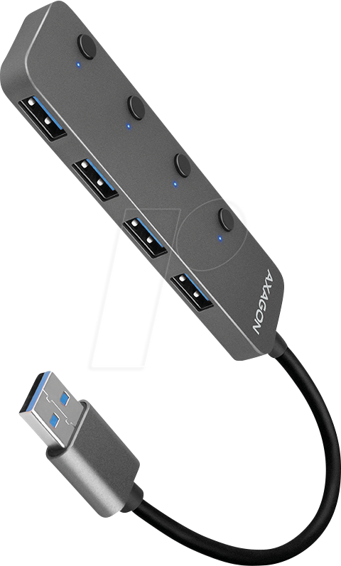 AXG HUE-MSA - USB 3.0, 4-Port Hub, 4xA, USB-A-Kabel, Schalter, 20 cm von AXAGON
