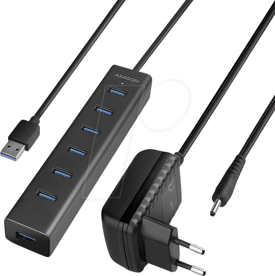 AXG HUE-SA7BP - USB 3.0, 7-Port Hub, 7xA, USB-A-Kabel, Netzteil, 40 cm von AXAGON