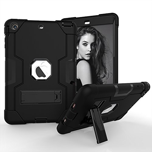 iPad Mini Hülle, Mini 2 Hülle, Mini 3 Hülle, Rugged Kickstand Serie – stoßfest, strapazierfähig, Hybrid-dreilagige Armor Defender Kindersicherung, kompatibel mit iPad Mini 1/2/3 schwarz / schwarz von AXBSR