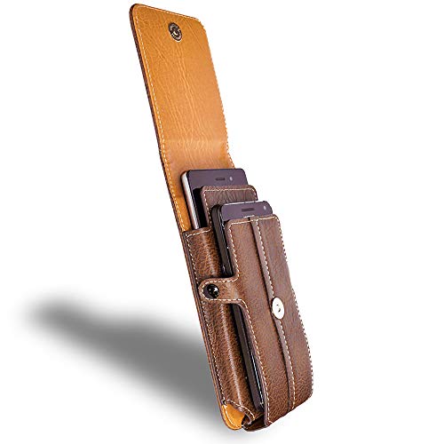 AXELENS Handy Tasche Universal Telefon Hülle für Gürtel - Zwei Handys (von 6 bis 6,5'' Zoll) aus Kunstleder mit Gürtelschlaufe, Karabiner und Dokumentenhalter Karten Clip Verschluss – XXL BRAUN von AXELENS