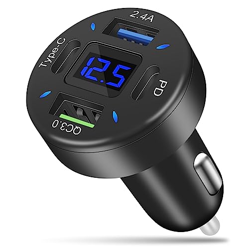 AXFEE 4-Port USB C Auto Ladegerät Zigarettenanzünder Adapter, QC3.0 PD 2.4A Schnellladegerät mit LED Voltmeter 12V USB Buchse kompatibel mit iPhone, Android, Samsung, Tablet und Allen Smartphones von AXFEE