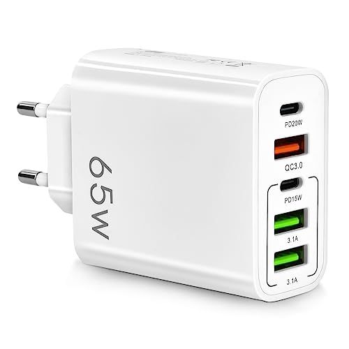 AXFEE 65W Multi AXFEE USB C Ladegerät, 5 Ports Mehrfach Ladegerät mit USB-C und USB-A, 65W Schnellladegerät PD 3.0 Power Adapter USB Netzteil für iPhone 14 Pro Max 13 von AXFEE