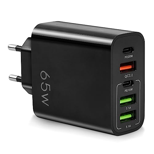 AXFEE 65W Multi USB C Ladegerät, 5 Ports Mehrfach Ladegerät mit USB-C und USB-A, 65W Schnellladegerät PD 3.0 Power Adapter USB Netzteil von AXFEE