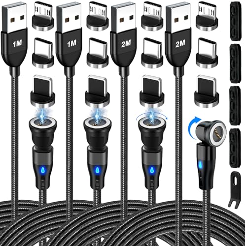 AXFEE 7Pin USB C Magnet Ladekabel, [1M + 1M + 2M +2M], 4 Stück 18W USB Magnet Kabel, 360°&180° Schnellladung Magnetisches Ladekabel, 3 in 1 USB Magnetkabel für Typ C/Micro USB/i-Product/Galaxy/Pad von AXFEE