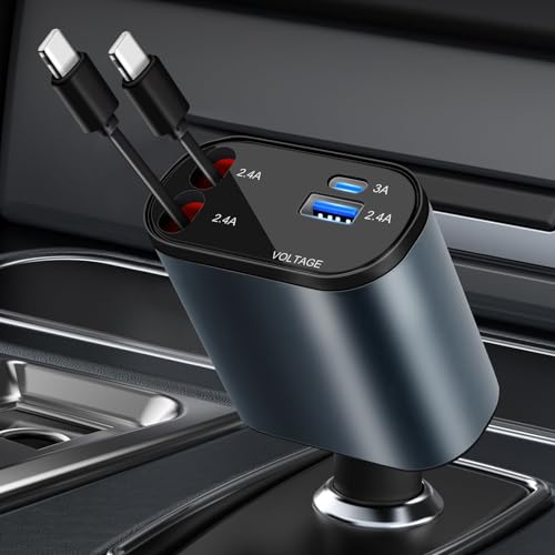 AXFEE Einziehbares Auto Ladegerät, 4-in-1 Handy Schnellladegerät Auto Zigarettenanzünder SteckerAdapter Retractable Car Charger Kompatibel mit i-Phone 14/13/12/11 von AXFEE