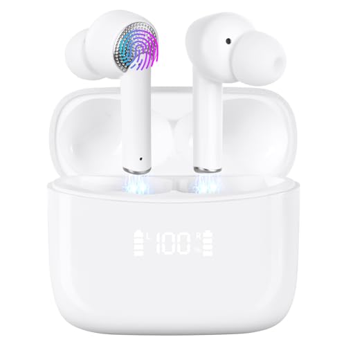 AXFEE Bluetooth Kopfhörer, In Ear Kopfhörer Kabellos Bluetooth 5.3, Kabellose Kopfhörer mit LED Anzeige und ENC Mic, Immersiver Deep Bass Earbuds, IP5 Wasserdicht HiFi Stereo Ohrhörer, USB-C (Weiß) von AXFEE
