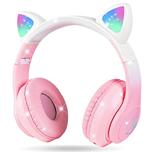 AXFEE Bluetooth-Kopfhörer mit Katzenohren Kopfhörer Kinder, Kinderkopfhörer Bluetooth, Mädchen Katzenohr Kopfhörer Over-Ear mit LED-licht Faltbare Stereo Kopfhörer Kabellose von AXFEE