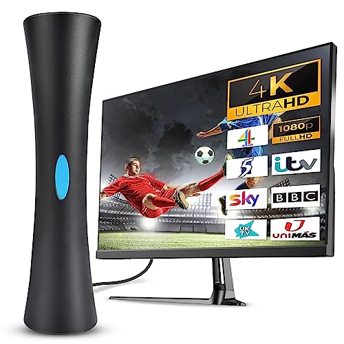 AXFEE DVBT2 Antenne mit Verstärker 36Dbi+ HDTV Zimmerantenne für Fernseher, Max. Signalqualität durch ALU-Kern, Full HD, 5m Kabel DVB-T2 Antenne Fernseher Freenet tv Innen Außen(Schwarz) von AXFEE