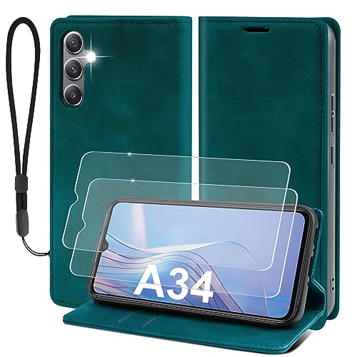 AXFEE Handyhülle für Samsung Galaxy A34 5G Hülle + 2 Stück Panzer Schutz Glas + 1 Schlüsselband, Premium PU Schutzhülle, [RFID Anti-Diebstahl Schutz], Magnetisches Flip Case für Samsung A34 5G von AXFEE