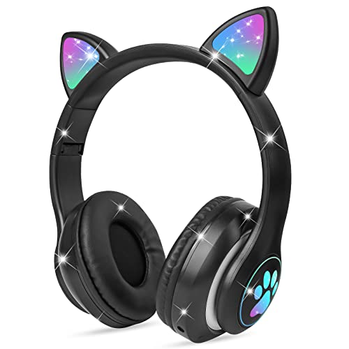 AXFEE Kinderkopfhörer Bluetooth, Mädchen Katzenohr Kopfhörer Over-Ear mit LED-licht Faltbare Stereo Kopfhörer Kabellose, Kopfhörer Kinder mit Mikrofon, Micro SD/TF, für Handy/Tablet/PC von AXFEE