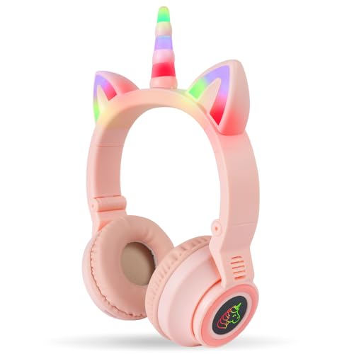 AXFEE Kopfhörer Kinder, 5.0 Bluetooth Kinderkopfhörer, Ausgestattet mit EIN-Knopf-Bass-Boost, Stereo Kopfhörer Kabellose mit LED-licht, Mädchen Katzenohr Kopfhörer Over-Ear für Handy/PC von AXFEE