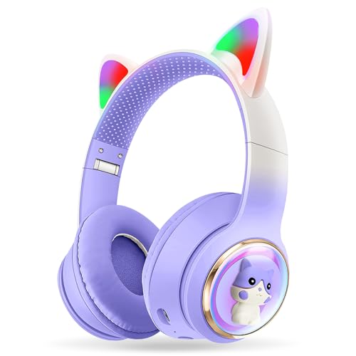 AXFEE Kopfhörer Kinder, 5.3 Bluetooth Kinderkopfhörer Over-Ear, mit LED-Leuchten, Lautstärke Begrenzt 105 dB, Stereo Kopfhörer Kabellose, Mädchen Katzenohr Kopfhörer für Handy/Tablet/PC von AXFEE