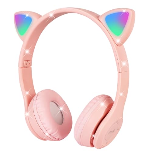 AXFEE Kopfhörer Kinder, Kinderkopfhörer Bluetooth, Katzenohr Kopfhörer Over-Ear, mit LED-licht, Faltbare Kopfhörer Kabellose, Kopfhörer Kinder mit Mikrofon, Micro SD/TF für Handy/Tablet/PC von AXFEE