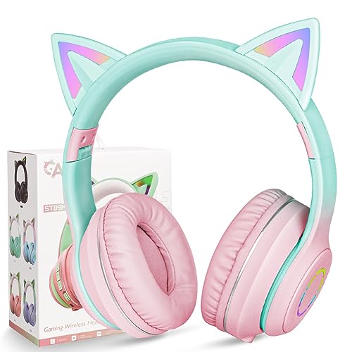 AXFEE Kopfhörer Kinder, Kinderkopfhörer Bluetooth, Mädchen Katzenohr Kopfhörer Over-Ear mit LED-licht Faltbare Stereo Kopfhörer Kabellose, Kopfhörer Kinder mit Mikrofon, für Handy/Tablet/PC von AXFEE