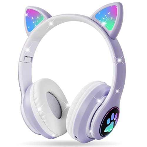 AXFEE Kopfhörer Kinder, Kinderkopfhörer Bluetooth, Mädchen Katzenohr Kopfhörer Over-Ear mit LED-licht Faltbare Stereo Kopfhörer Kabellose, Kopfhörer Kinder mit Mikrofon,Micro SD/TF für Handy/Tablet/PC von AXFEE