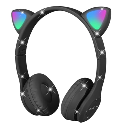AXFEE Kopfhörer Kinder, Kinderkopfhörer Bluetooth, Mädchen Katzenohr Kopfhörer Over-Ear mit LED-licht Faltbare Stereo Kopfhörer Kabellose, Kopfhörer Kinder mit Mikrofon,Micro SD/TF für Handy/Tablet/PC von AXFEE