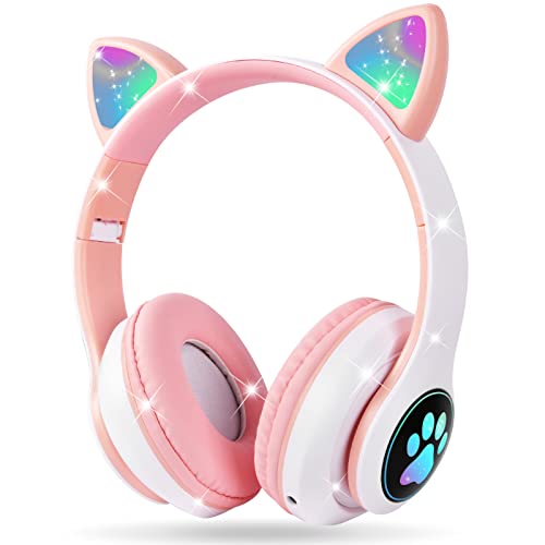 AXFEE Kopfhörer Kinder, Kinderkopfhörer Bluetooth, Mädchen Katzenohr Over-Ear mit LED-licht Faltbare Stereo Kabellose, Mikrofon,Micro SD/TF für Handy/Tablet/PC von AXFEE