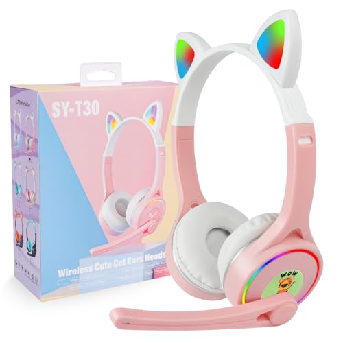 AXFEE Kopfhörer Kinder, Mini Kinderkopfhörer Bluetooth für Kinder unter 12 Jahren, Mädchen Katzenohr Kopfhörer mit Mikrofon, Stereo Kopfhörer Kabellose Over-Ear mit LED-licht, für Handy/Tablet/PC/Pad von AXFEE