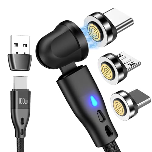 AXFEE Magnet Ladekabel 2M, 7Pin USB Magnet Kabel, 360°&180° 100W Schnellladung Magnetisches Ladekabel, 3 in 1 USB Magnetkabel, Nylon Ladekabel für Typ C/Micro USB/i-Product/Galaxy S22/S23/Pad von AXFEE