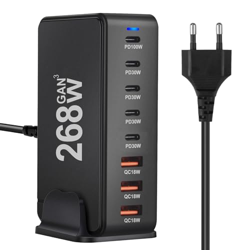 AXFEE USB C Ladegerät, 268W 8-Port USB C Adapter Mehrfach Ladegerät mit USB-C und USB-A, Schnellladegerät PD 100W 30W QC18W USB C Charger Power Netzteil für Phone 14 Pro Max 13 12 11 XR 8, Pad,Samsung von AXFEE