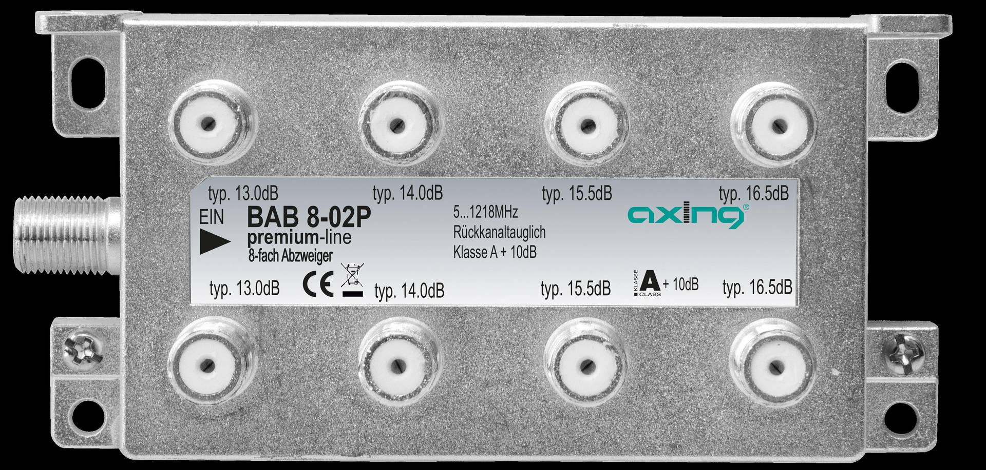 Axing BAB 8-02. Typ: Kabelsplitter, Frequenzbereich: 5 - 1006 MHz, Produktfarbe: Grau. Stecker: F. Breite: 130 mm, Tiefe: 42 mm, Höhe: 59 mm (BAB00802P) von AXING